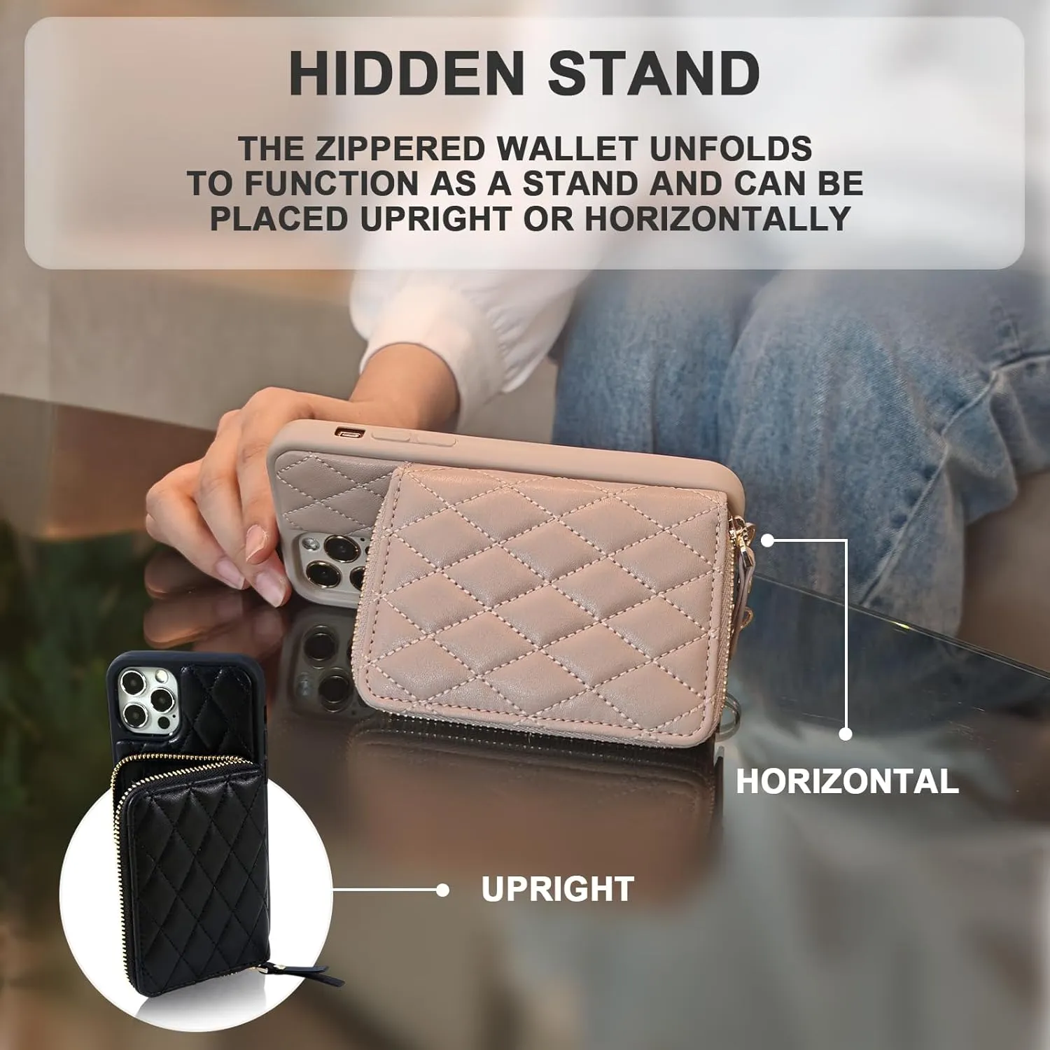 for iPhone 13 Pro Wallet Case Crossbody, PU Leather Zipper Handbag Purse Flip Cover Standar, Independent Slot Adjustable Strap Portable 6.1-Inch iPhone Case Beige