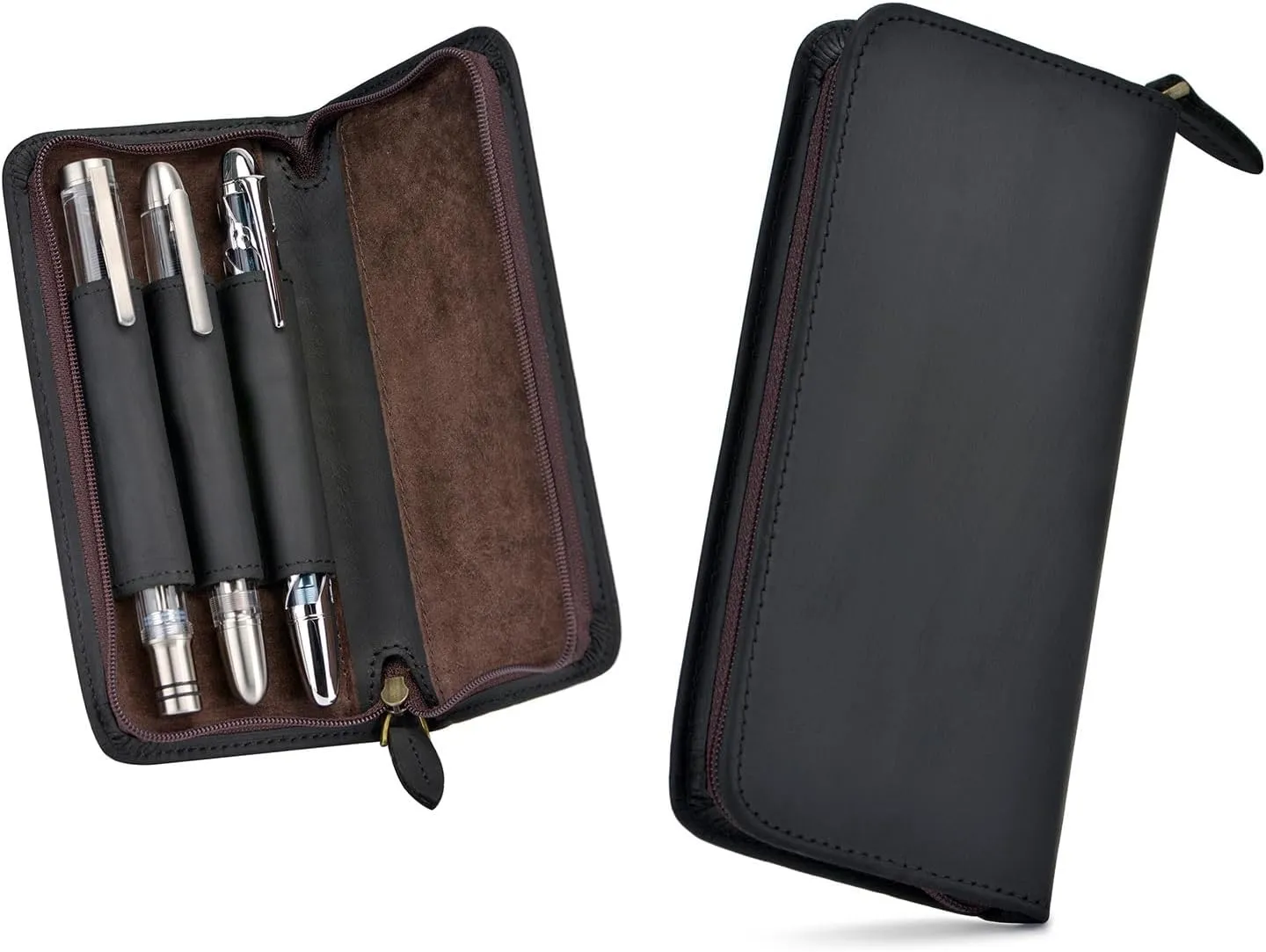 Fountain Pen Case 3 Divided Slots Crazy Horse Leather Pen Holder, Handmade Display Zippered Pouch for Rollerball Pen-Black