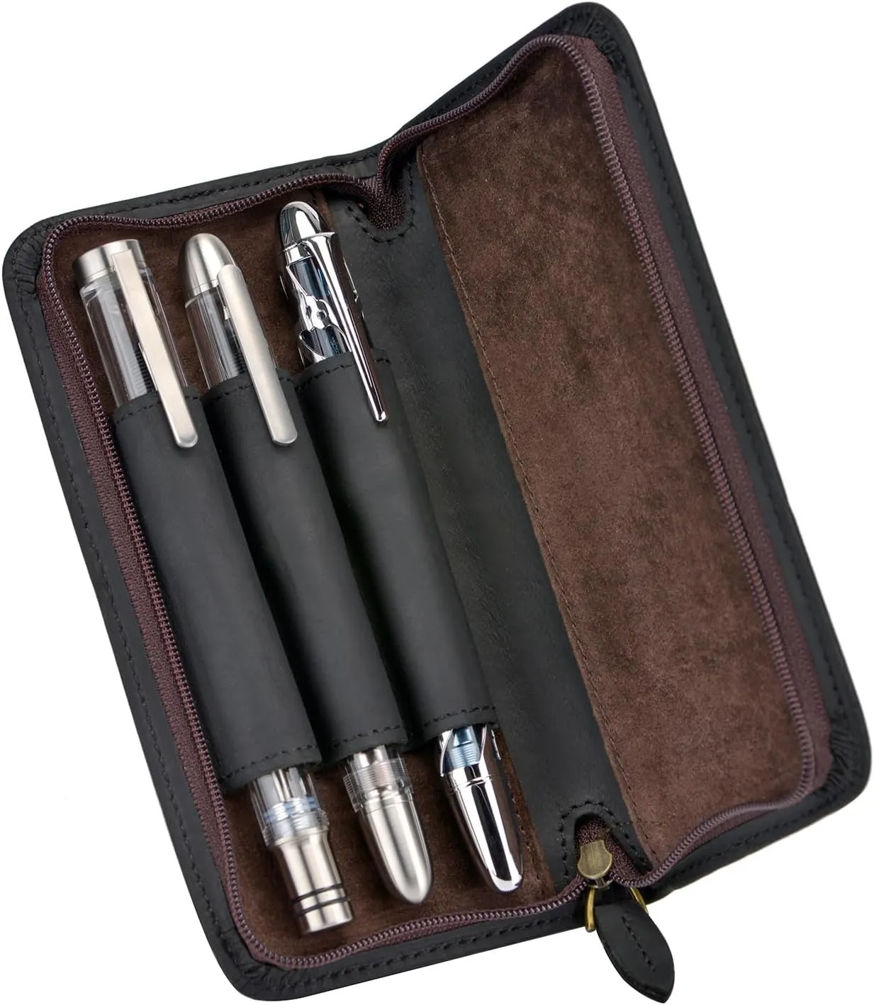 Fountain Pen Case 3 Divided Slots Crazy Horse Leather Pen Holder, Handmade Display Zippered Pouch for Rollerball Pen-Black