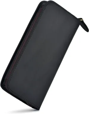 Fountain Pen Case 3 Divided Slots Crazy Horse Leather Pen Holder, Handmade Display Zippered Pouch for Rollerball Pen-Black