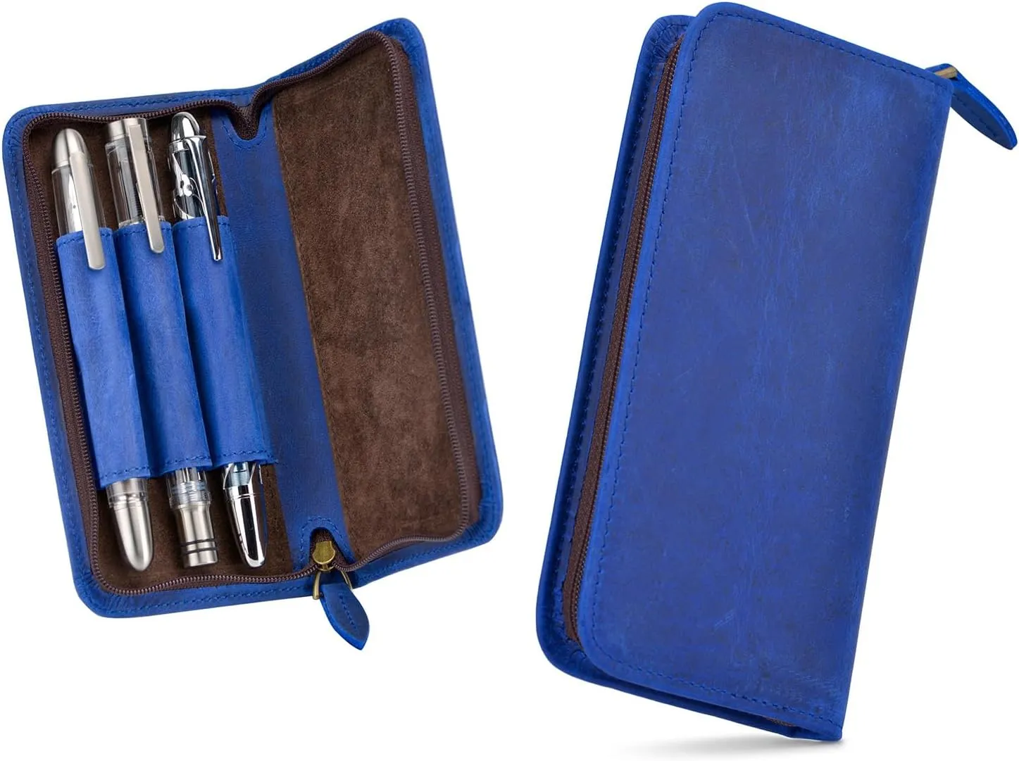 Fountain Pen Case 3 Divided Slots Crazy Horse Leather Pen Holder, Handmade Display Zippered Pouch for Rollerball Pen-Blue