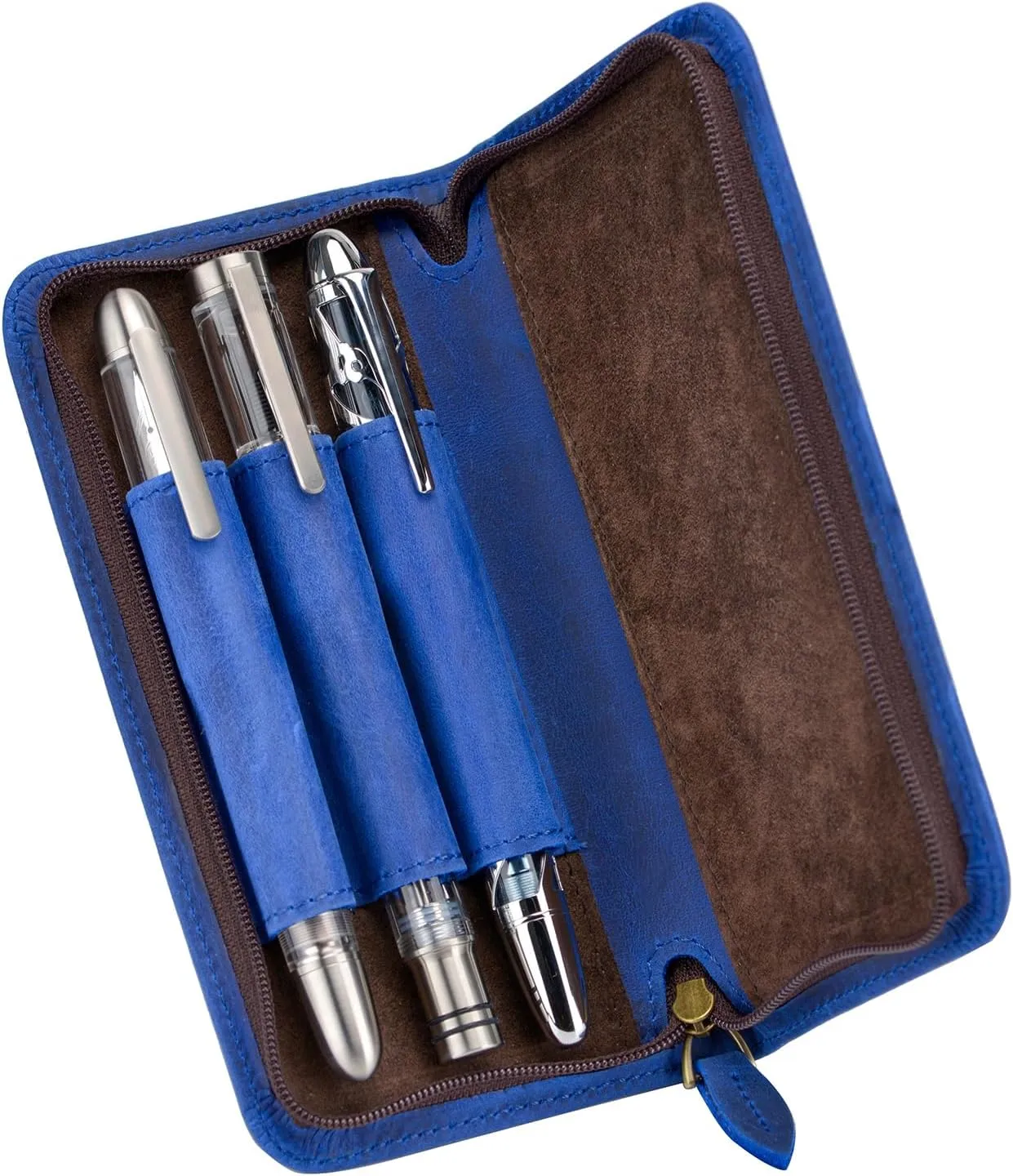 Fountain Pen Case 3 Divided Slots Crazy Horse Leather Pen Holder, Handmade Display Zippered Pouch for Rollerball Pen-Blue