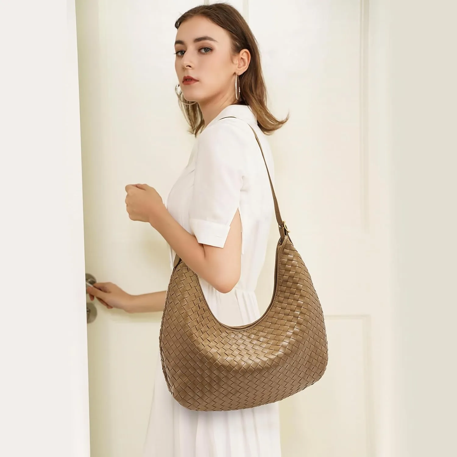 FOXLOVER Vegan Faux Leather Weave Bucket Handbag for Women Fashion Ladies Simplicity Crossbody Handbag Shoulder Purse
