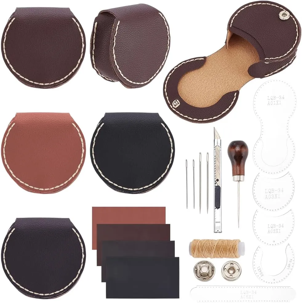 FREEBLOSS 4 Set DIY Leather Purse Kit Coin Purse Kit Coin Storage Bag Portable Mini Pouch Leather Change Wallet Sewing Craft Kit with English Instruction for Adults 8.5x8x4cm