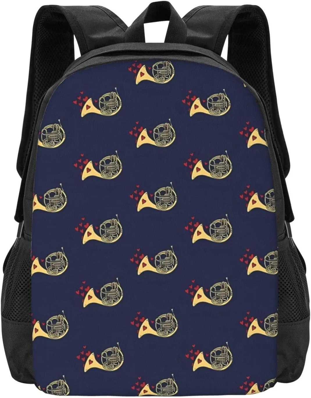 French Horn Red Hearts Backpack Minimalist Large Capacity Backpack 16.5 inch Leisure Travel Daypack