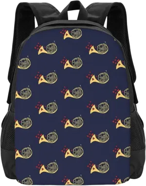 French Horn Red Hearts Backpack Minimalist Large Capacity Backpack 16.5 inch Leisure Travel Daypack