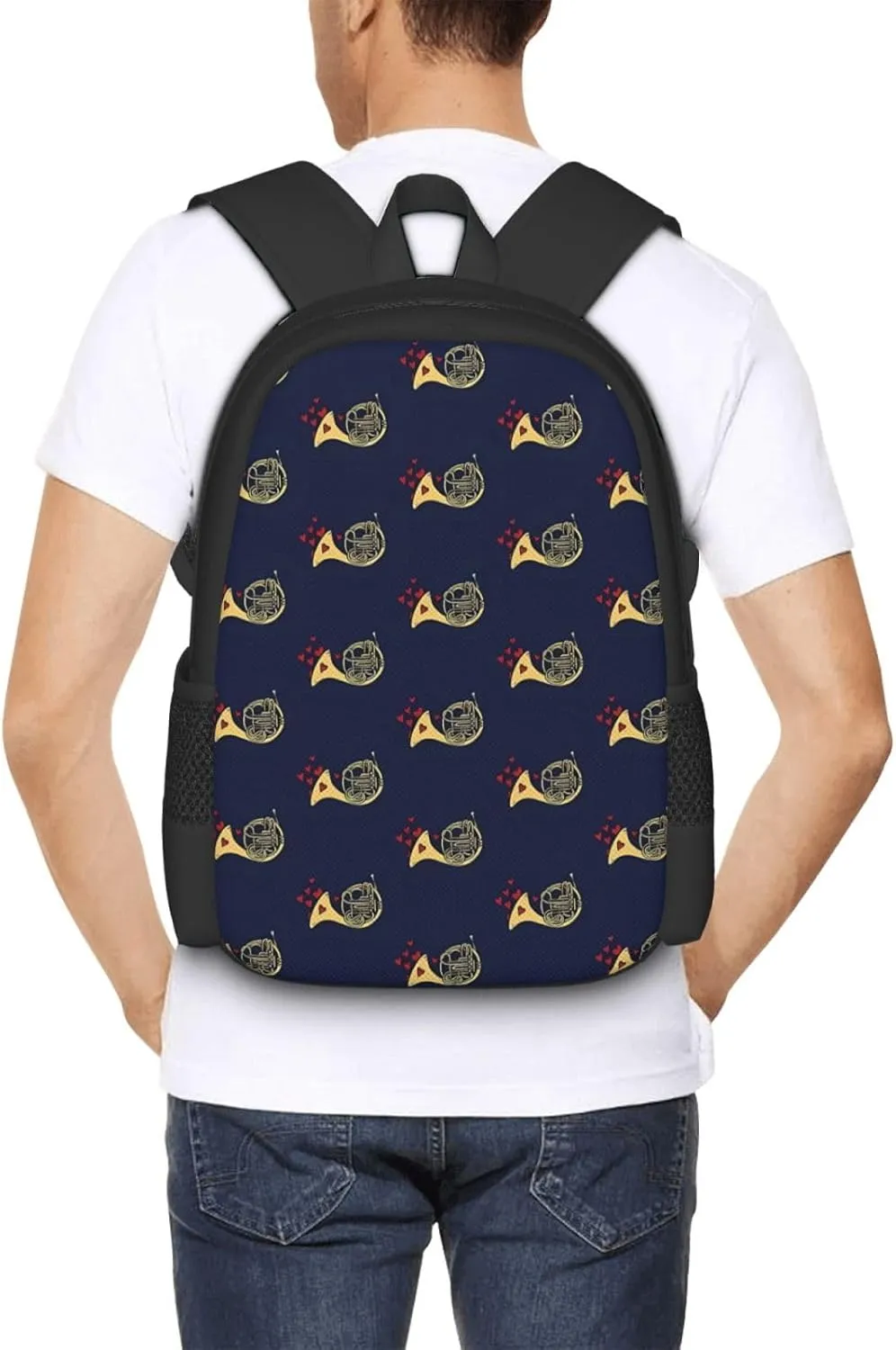 French Horn Red Hearts Backpack Minimalist Large Capacity Backpack 16.5 inch Leisure Travel Daypack