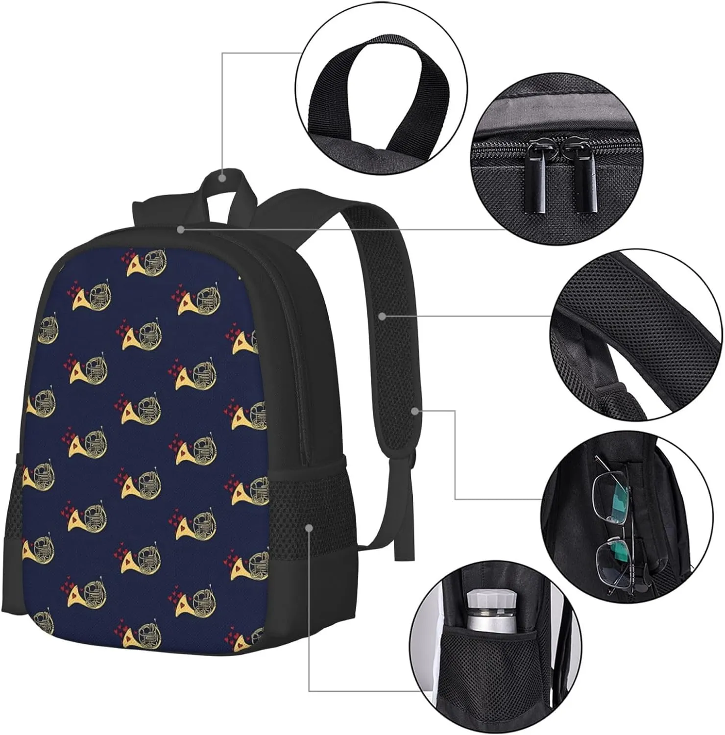 French Horn Red Hearts Backpack Minimalist Large Capacity Backpack 16.5 inch Leisure Travel Daypack