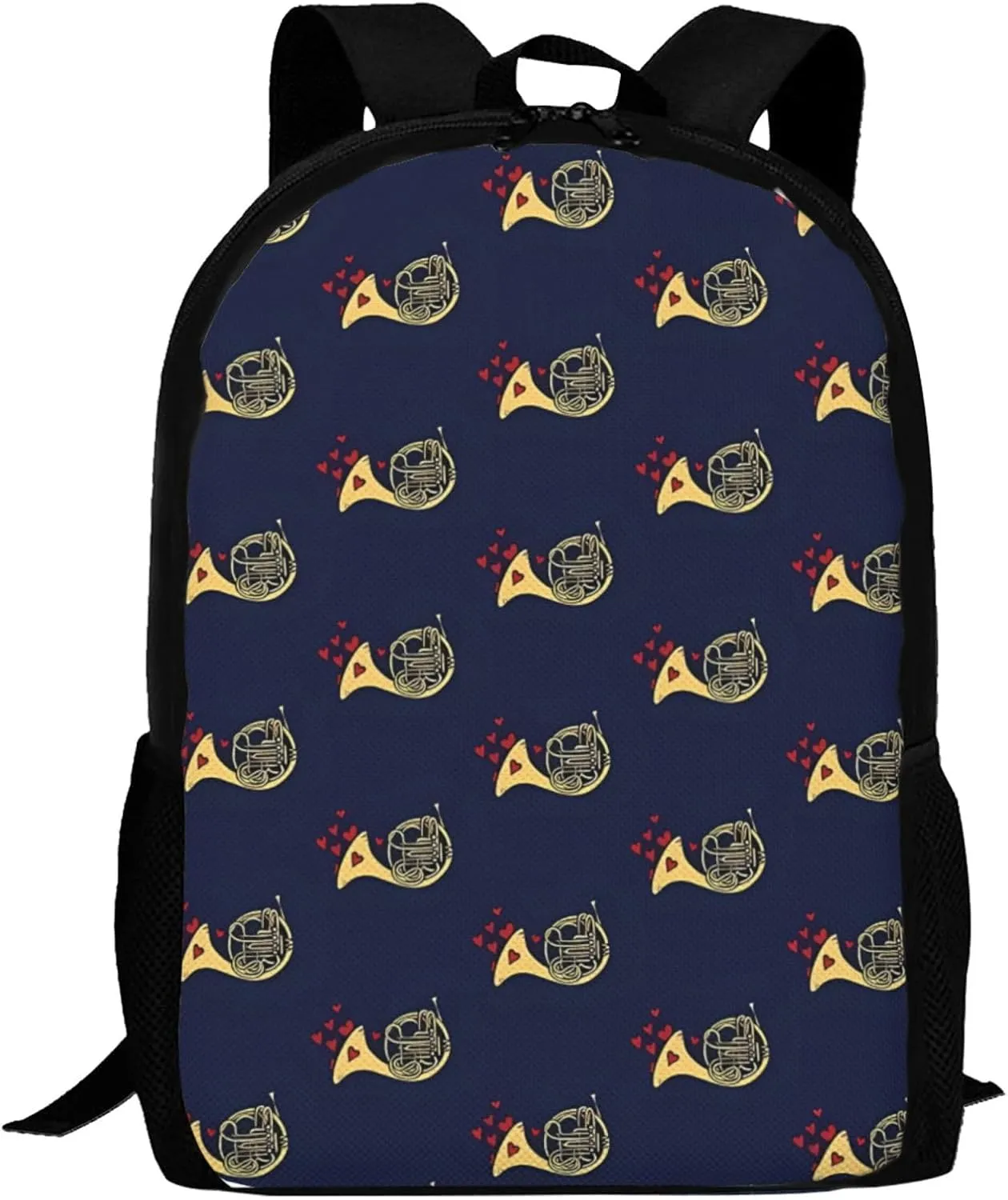 French Horn Red Hearts Backpack Minimalist Large Capacity Backpack 16.5 inch Leisure Travel Daypack