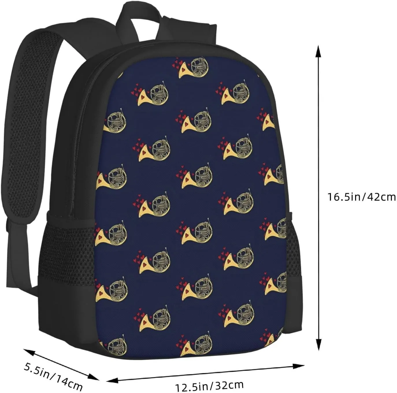 French Horn Red Hearts Backpack Minimalist Large Capacity Backpack 16.5 inch Leisure Travel Daypack