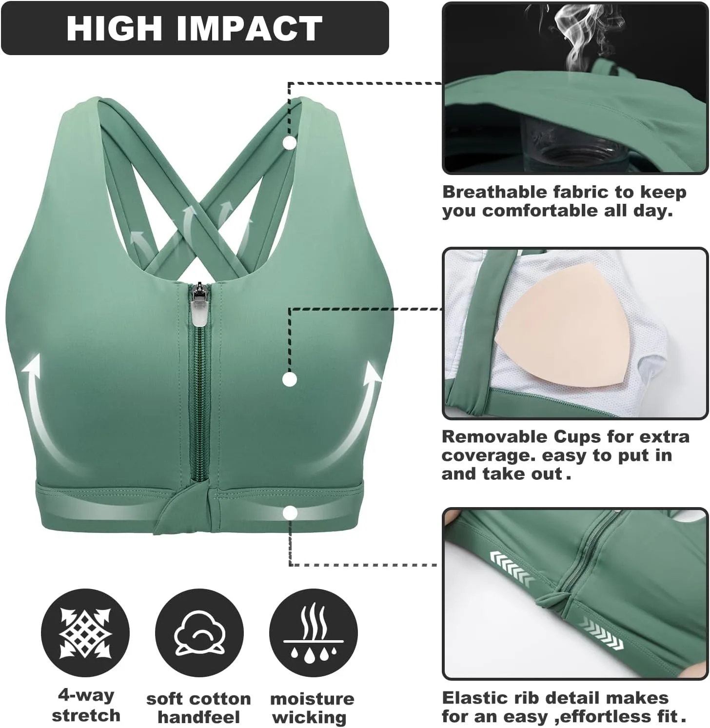 Front Zipper Sports Bras for Women High Impact Workout Bra Tops Padded Criss-Cross Back Yoga Training Running Bras
