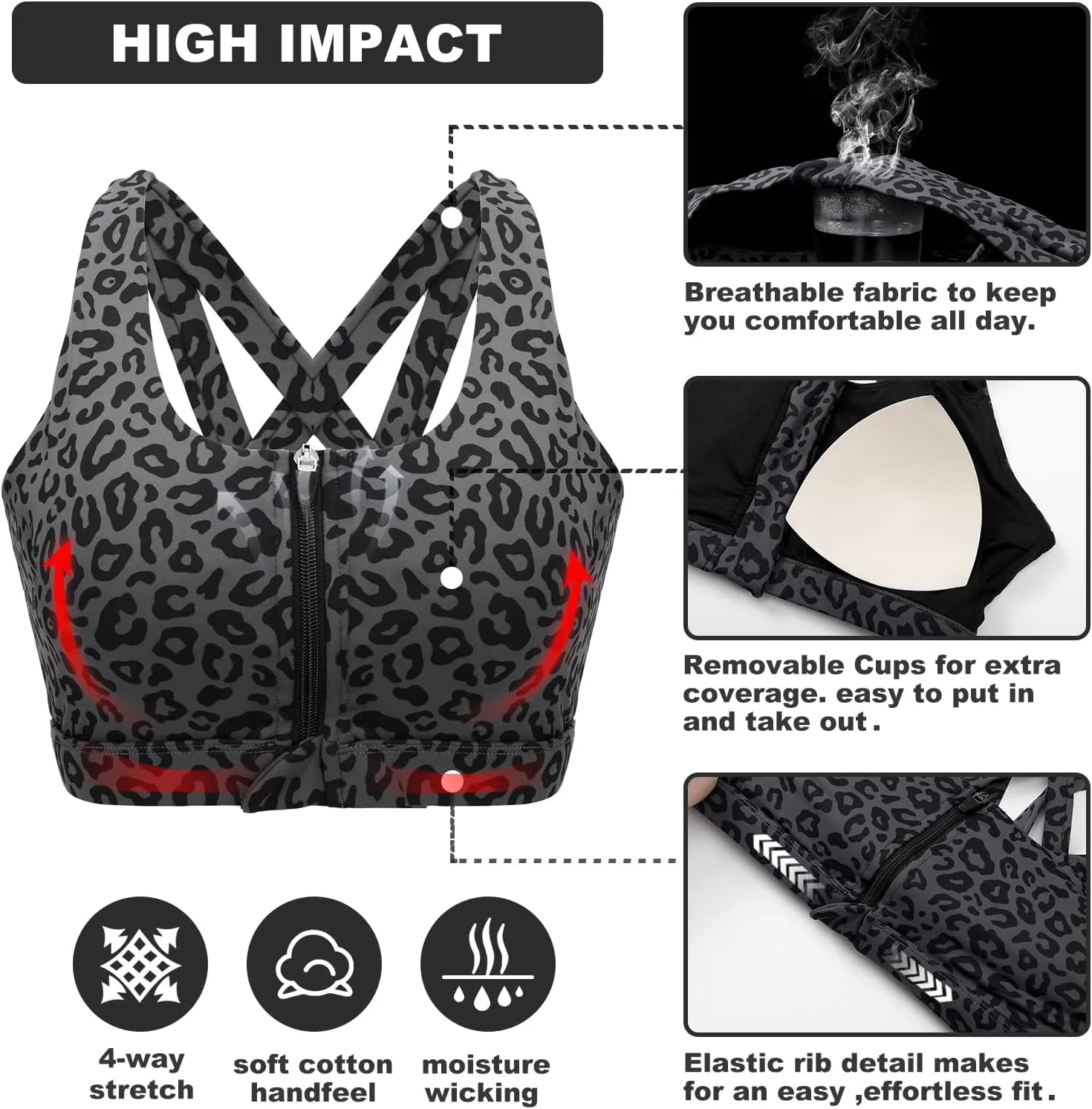 Front Zipper Sports Bras for Women High Impact Workout Bra Tops Padded Criss-Cross Back Yoga Training Running Bras