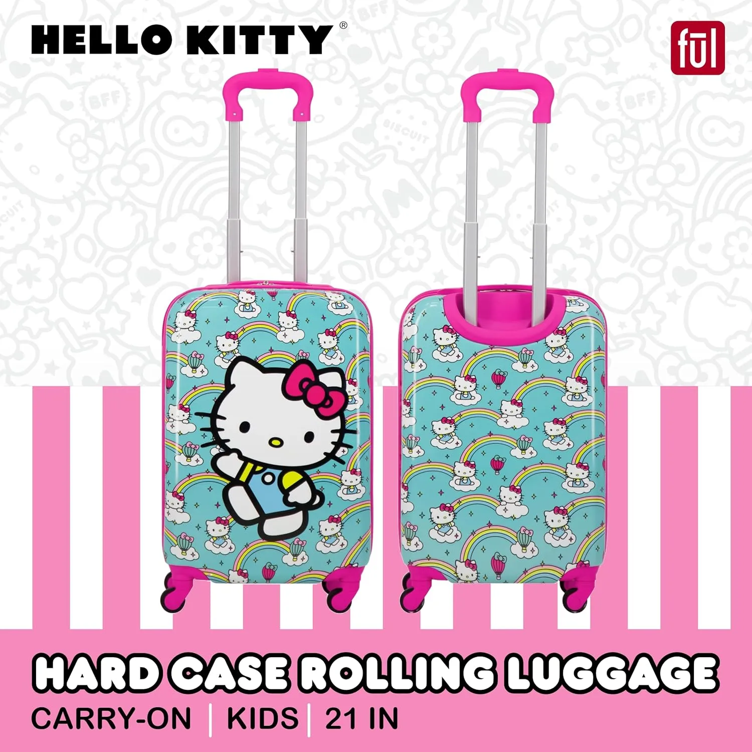 FUL Unisex Kid's Hello Kitty 21 Inch Carry On Luggage, Hardshell Rolling Suitcase with Spinner Wheels, Multi
