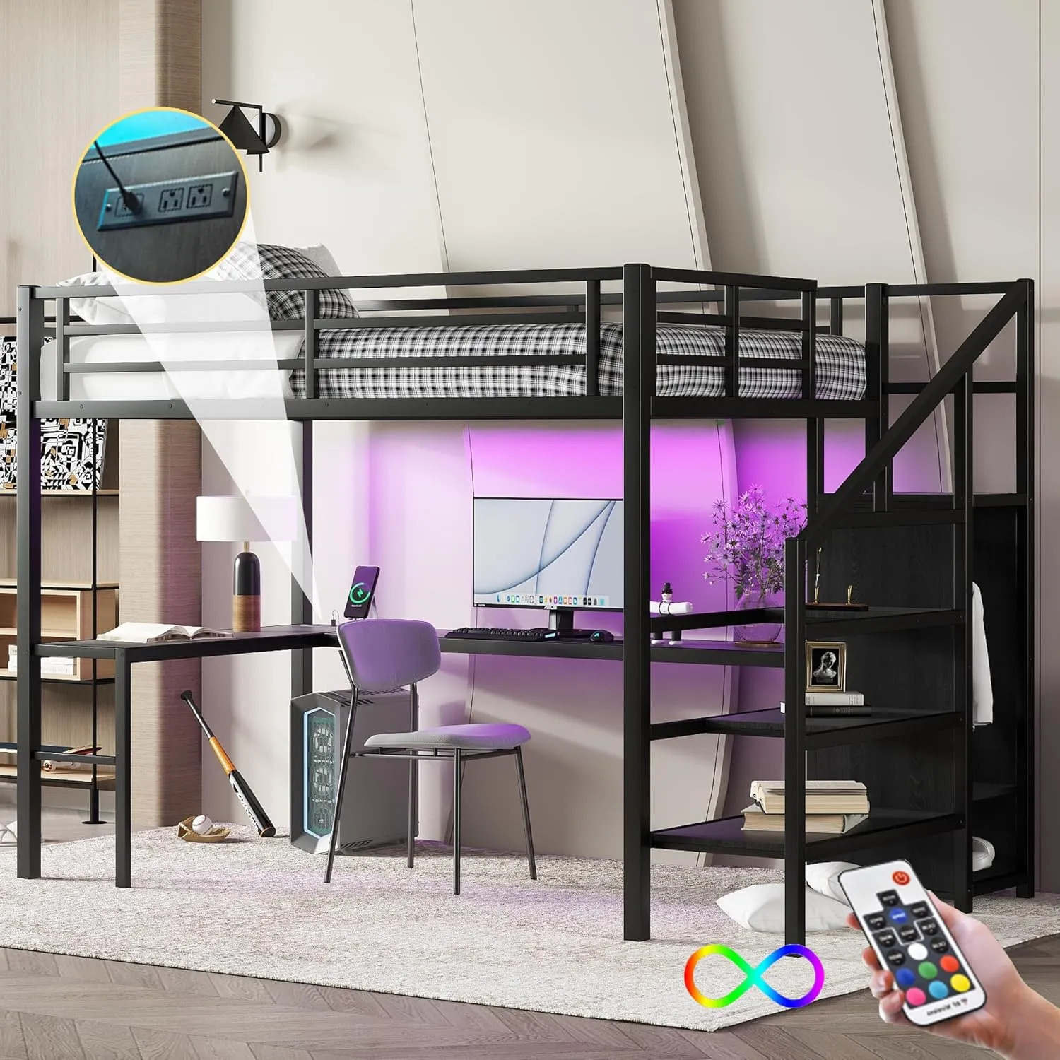 Full Size Metal Loft Bed with Desk and Wardrobe,Heavy Duty Loft Bed Frame with Storage Stairs and LED Lights for Kids,Teens,Adults,Space Saving,Black