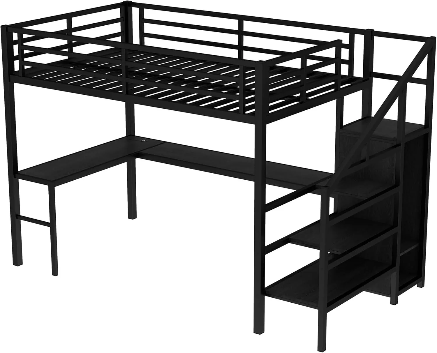 Full Size Metal Loft Bed with Desk and Wardrobe,Heavy Duty Loft Bed Frame with Storage Stairs and LED Lights for Kids,Teens,Adults,Space Saving,Black