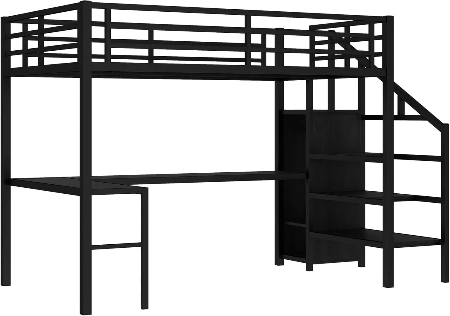Full Size Metal Loft Bed with Desk and Wardrobe,Heavy Duty Loft Bed Frame with Storage Stairs and LED Lights for Kids,Teens,Adults,Space Saving,Black
