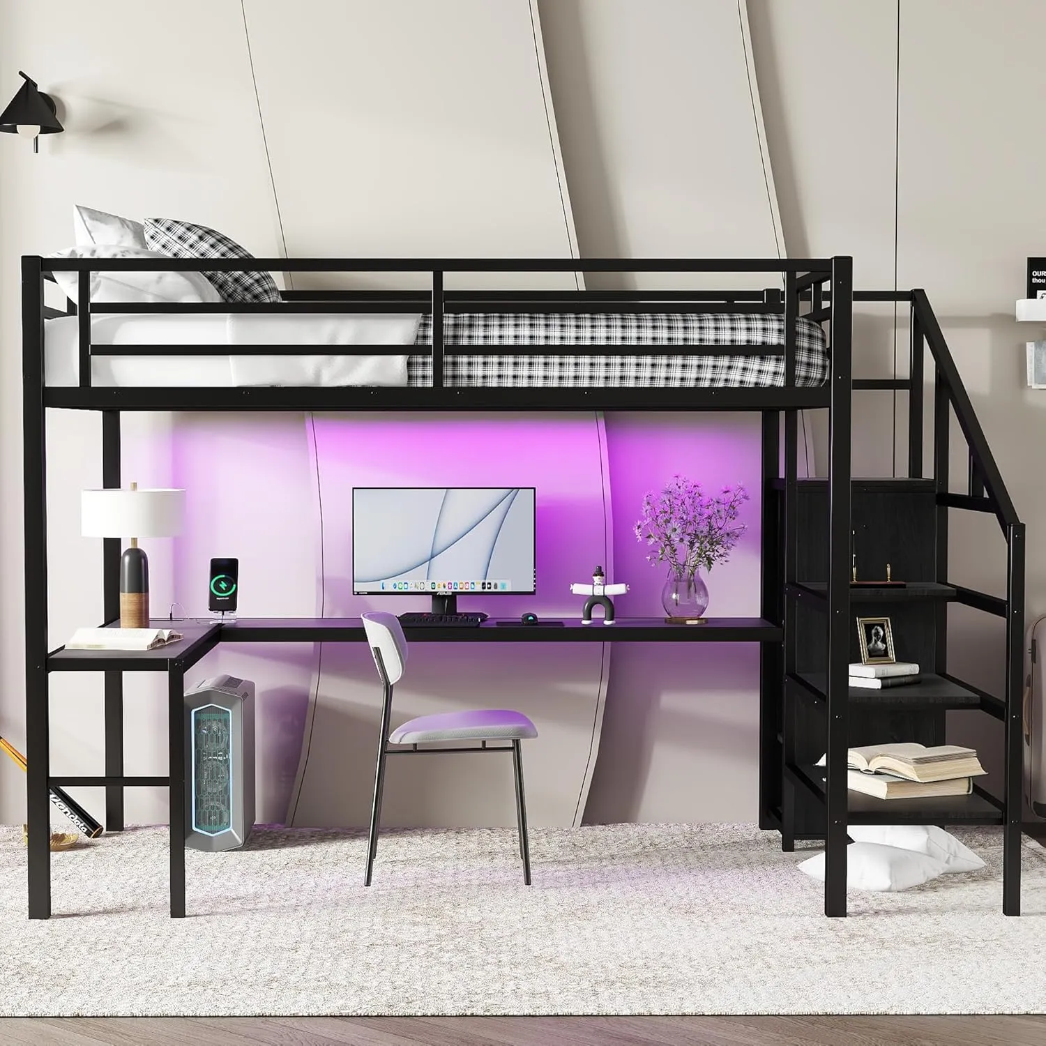 Full Size Metal Loft Bed with Desk and Wardrobe,Heavy Duty Loft Bed Frame with Storage Stairs and LED Lights for Kids,Teens,Adults,Space Saving,Black