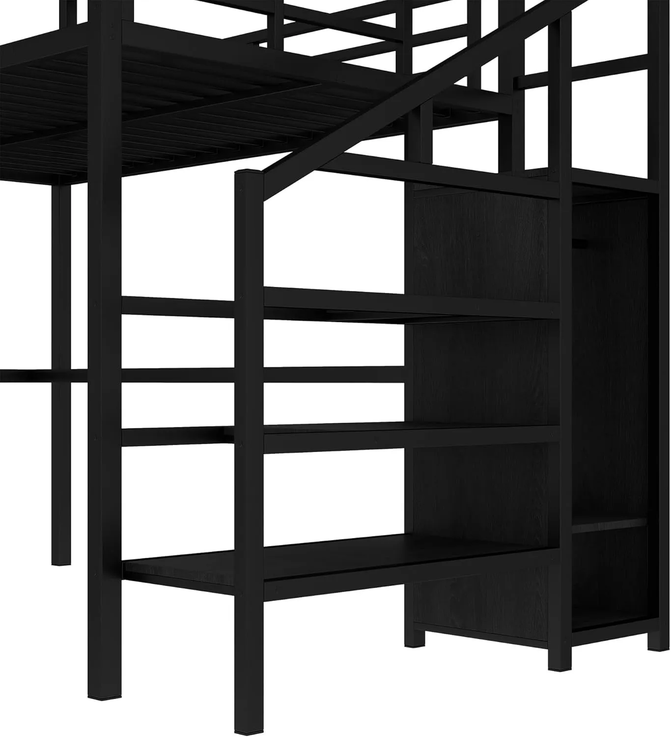 Full Size Metal Loft Bed with Desk and Wardrobe,Heavy Duty Loft Bed Frame with Storage Stairs and LED Lights for Kids,Teens,Adults,Space Saving,Black