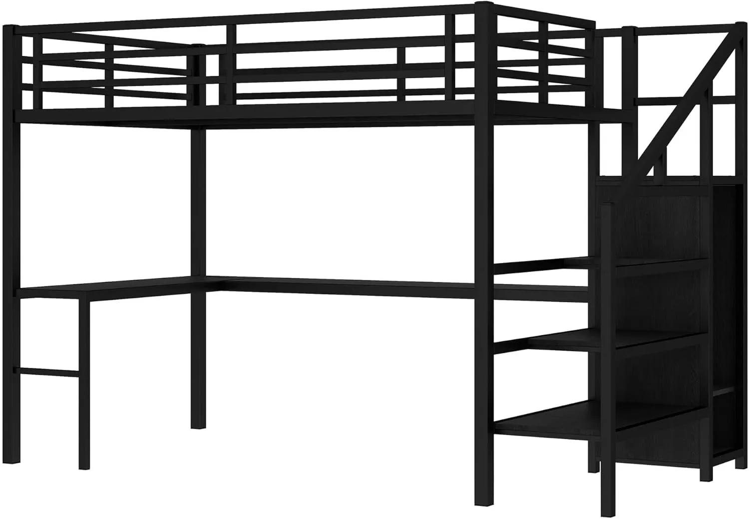 Full Size Metal Loft Bed with Desk and Wardrobe,Heavy Duty Loft Bed Frame with Storage Stairs and LED Lights for Kids,Teens,Adults,Space Saving,Black