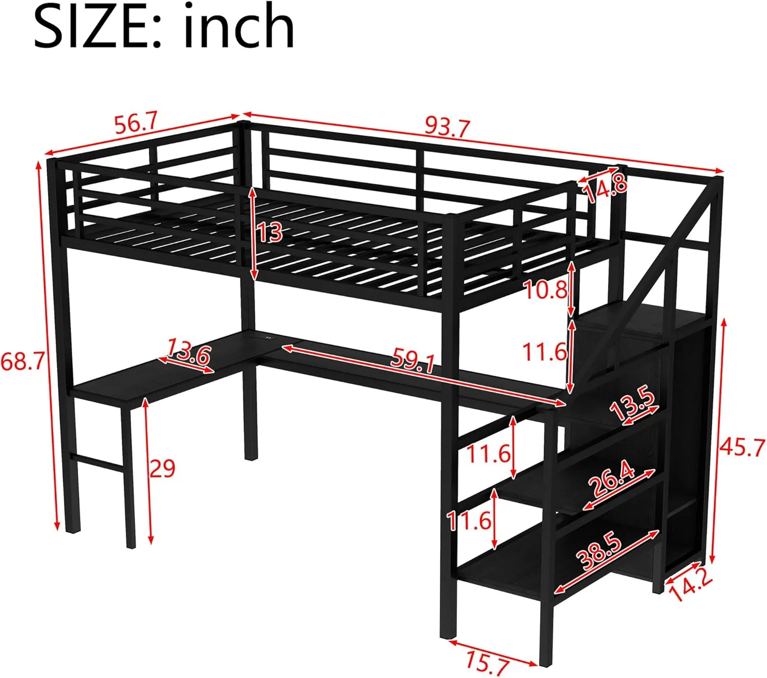 Full Size Metal Loft Bed with Desk and Wardrobe,Heavy Duty Loft Bed Frame with Storage Stairs and LED Lights for Kids,Teens,Adults,Space Saving,Black