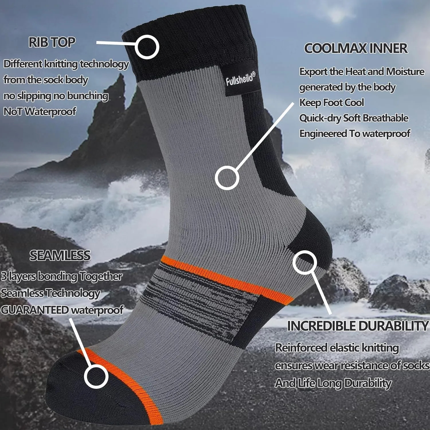 Fullsheild Waterproof Socks Unisex Waterproof Breathable Socks Outdoor Hiking Wading Fishing Trail Golf Socks for Men Women
