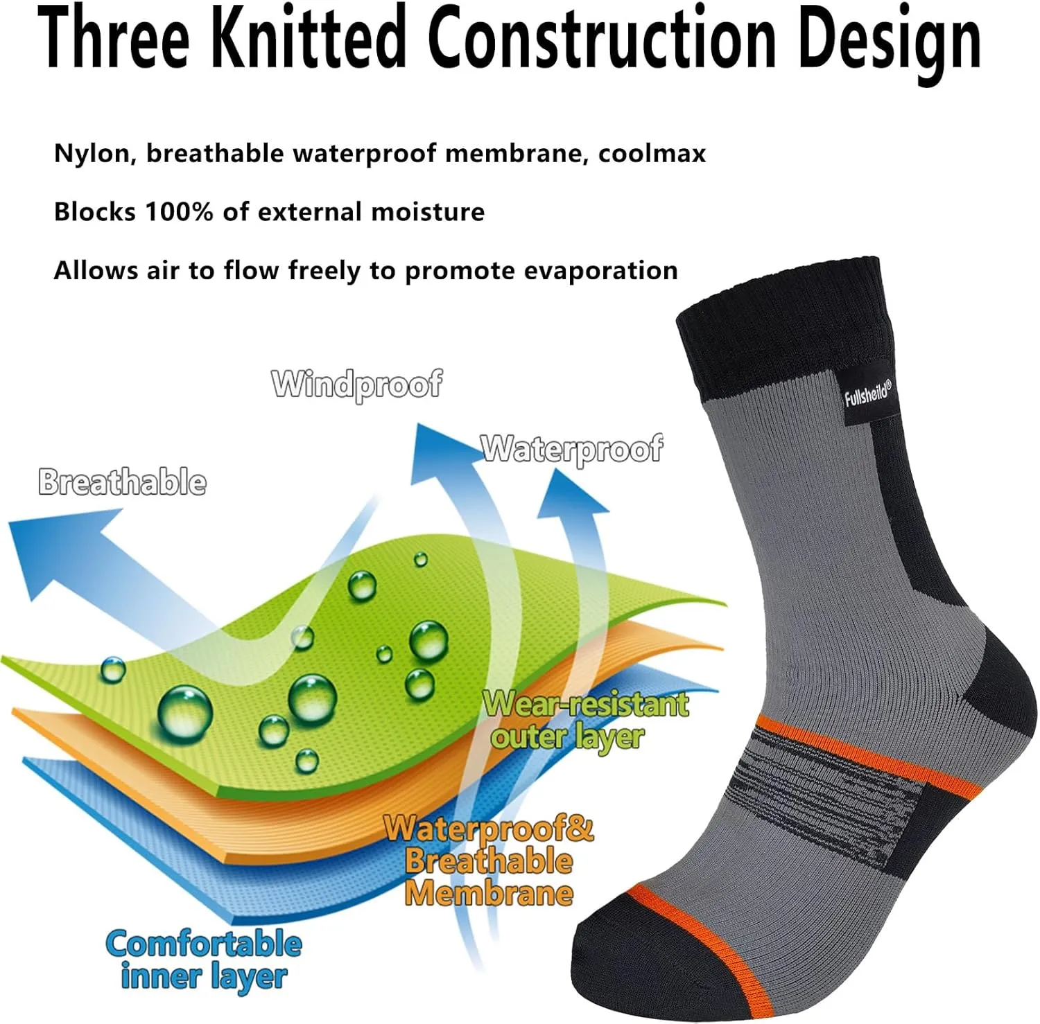 Fullsheild Waterproof Socks Unisex Waterproof Breathable Socks Outdoor Hiking Wading Fishing Trail Golf Socks for Men Women
