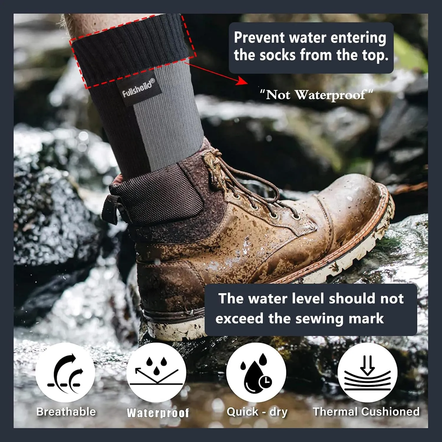 Fullsheild Waterproof Socks Unisex Waterproof Breathable Socks Outdoor Hiking Wading Fishing Trail Golf Socks for Men Women