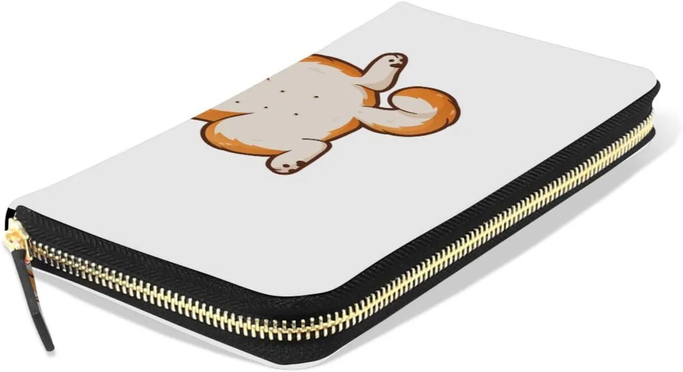 Funny Orange Shiba Inu Dogs in Different Poses on White Leather Long Wallet Organizer with Zipper Purse Clutch Bag for Women Men Key Card Coin Passport Checkbook 8 x 4 inch