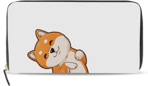 Funny Orange Shiba Inu Dogs in Different Poses on White Leather Long Wallet Organizer with Zipper Purse Clutch Bag for Women Men Key Card Coin Passport Checkbook 8 x 4 inch