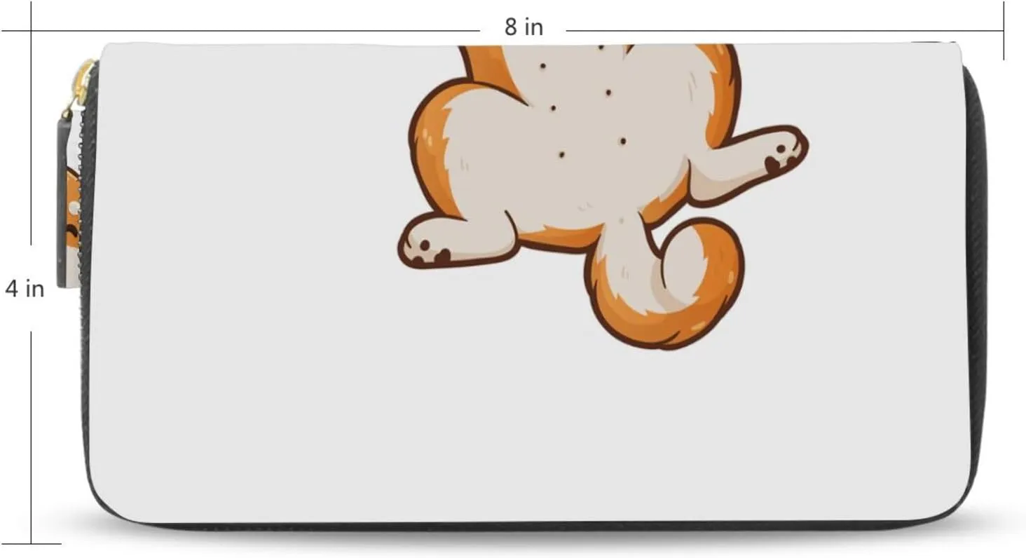 Funny Orange Shiba Inu Dogs in Different Poses on White Leather Long Wallet Organizer with Zipper Purse Clutch Bag for Women Men Key Card Coin Passport Checkbook 8 x 4 inch