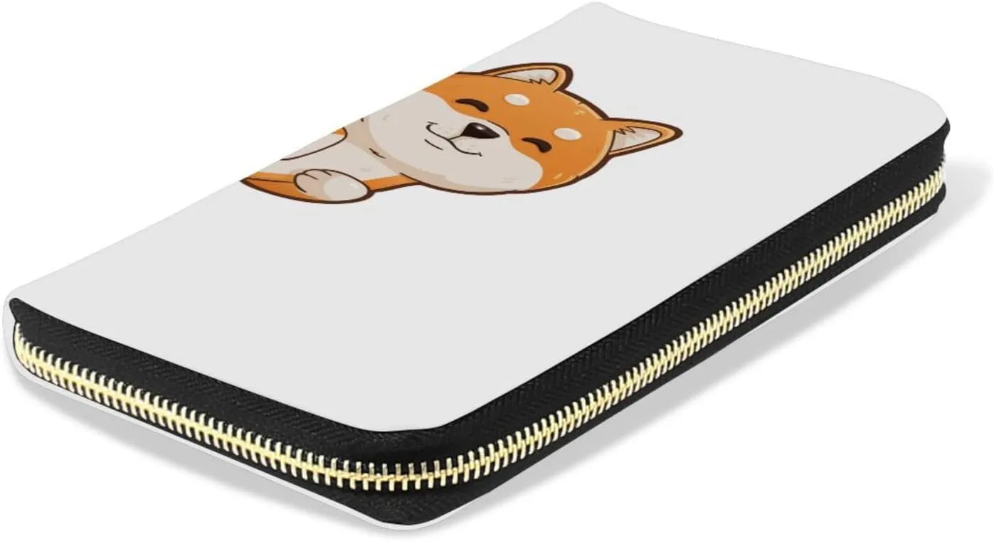 Funny Orange Shiba Inu Dogs in Different Poses on White Leather Long Wallet Organizer with Zipper Purse Clutch Bag for Women Men Key Card Coin Passport Checkbook 8 x 4 inch