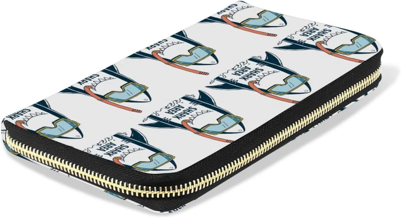 Funny Shark Area with Diving Goggles Leather Long Wallet Organizer with Zipper Purse Clutch Bag for Women Men Key Card Coin Passport Checkbook 8 x 4 inch