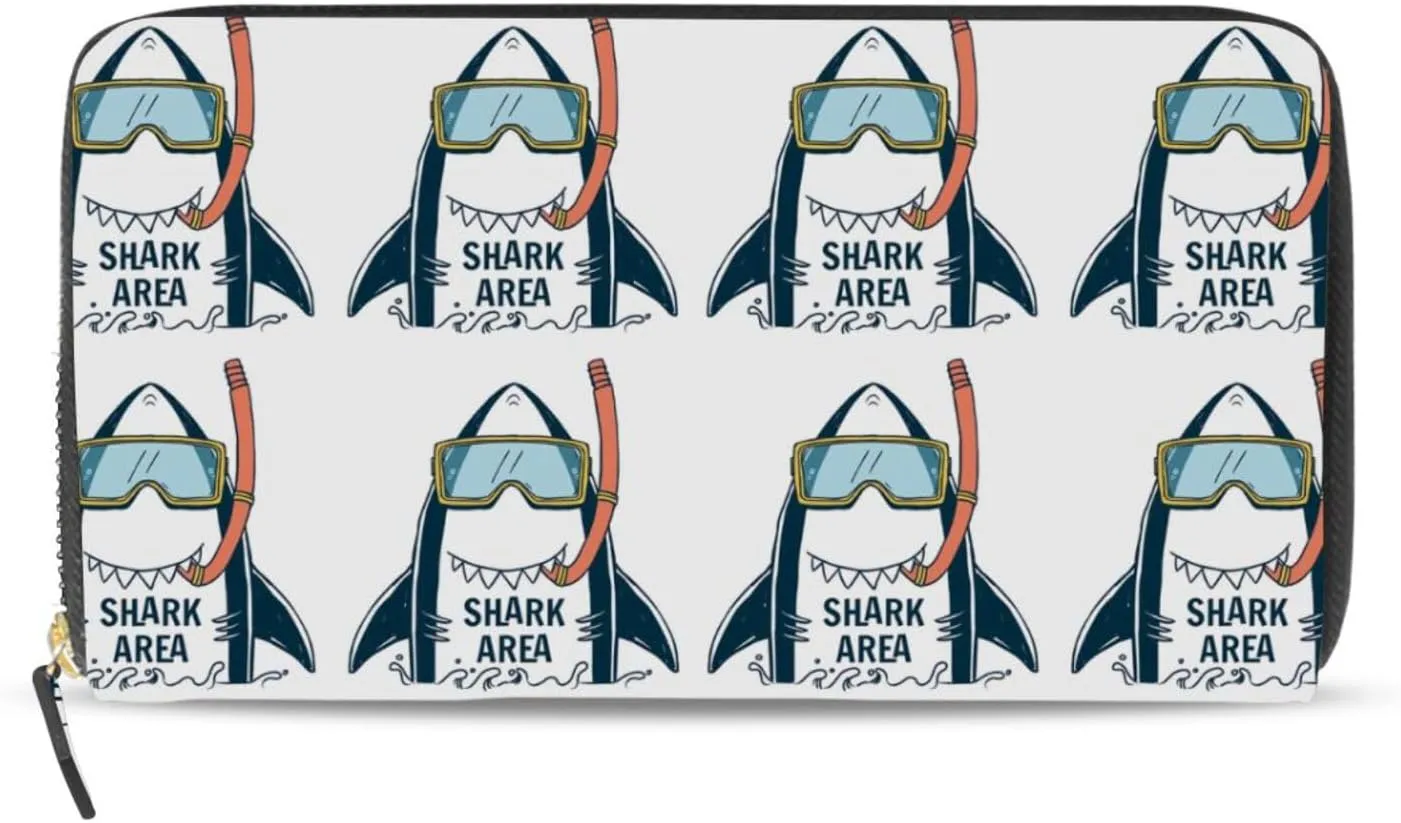 Funny Shark Area with Diving Goggles Leather Long Wallet Organizer with Zipper Purse Clutch Bag for Women Men Key Card Coin Passport Checkbook 8 x 4 inch