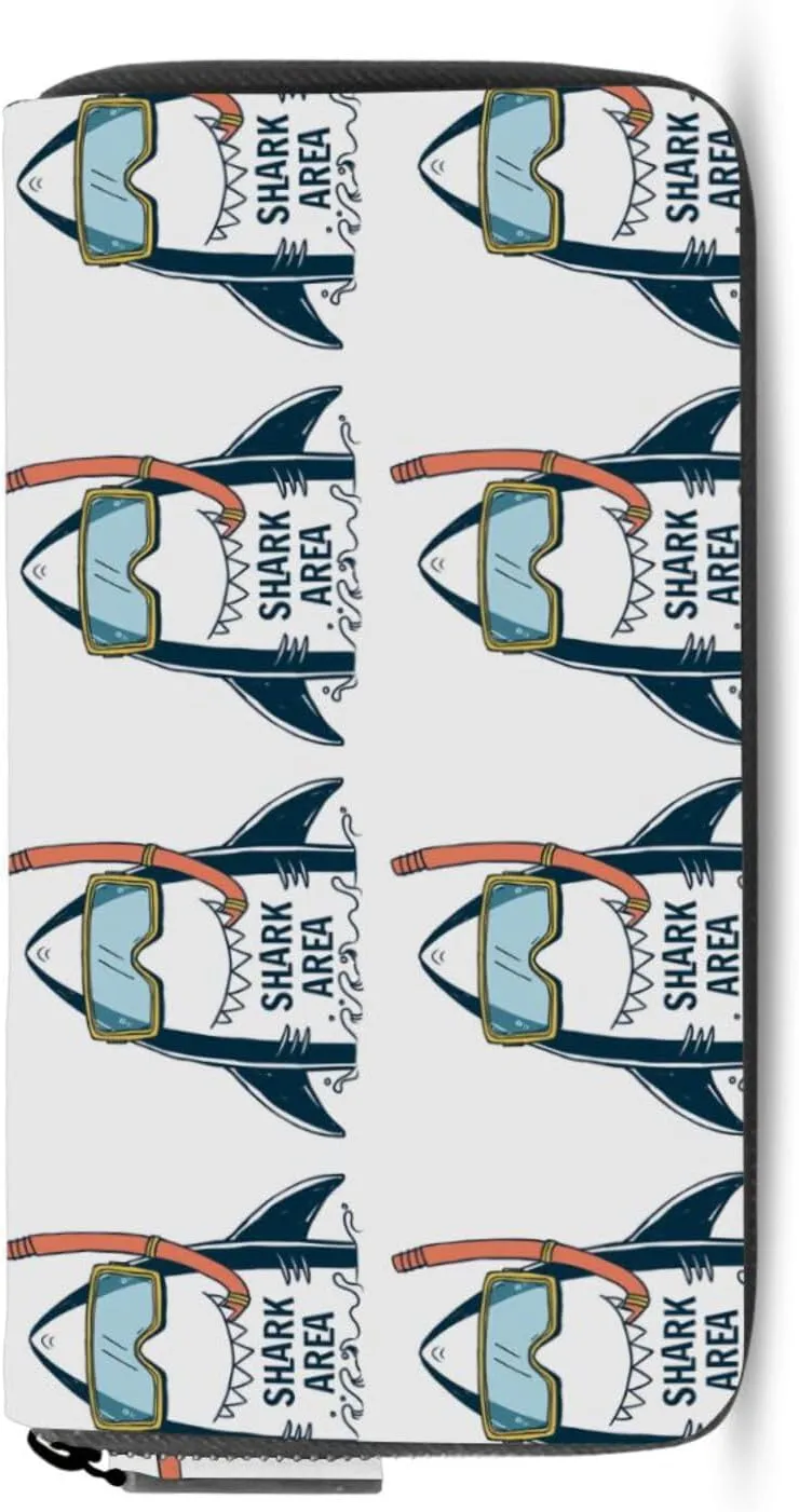 Funny Shark Area with Diving Goggles Leather Long Wallet Organizer with Zipper Purse Clutch Bag for Women Men Key Card Coin Passport Checkbook 8 x 4 inch
