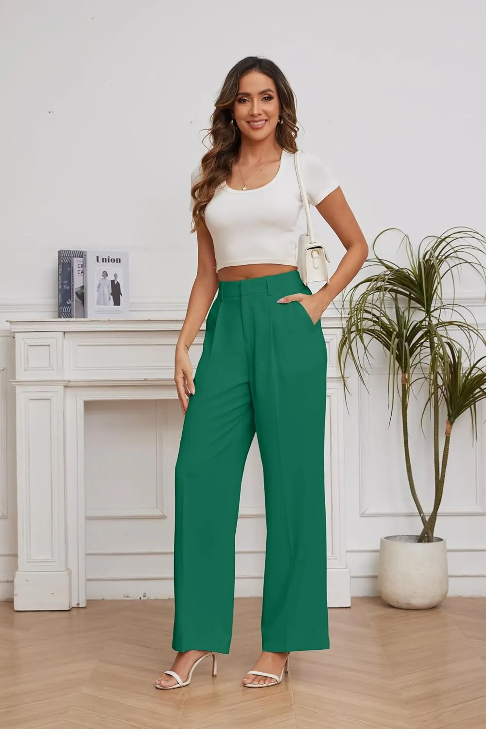 FUNYYZO Wide Leg Pants Women's High Elastic Waisted in The Back Business Work Trousers Long Straight Suit Pants
