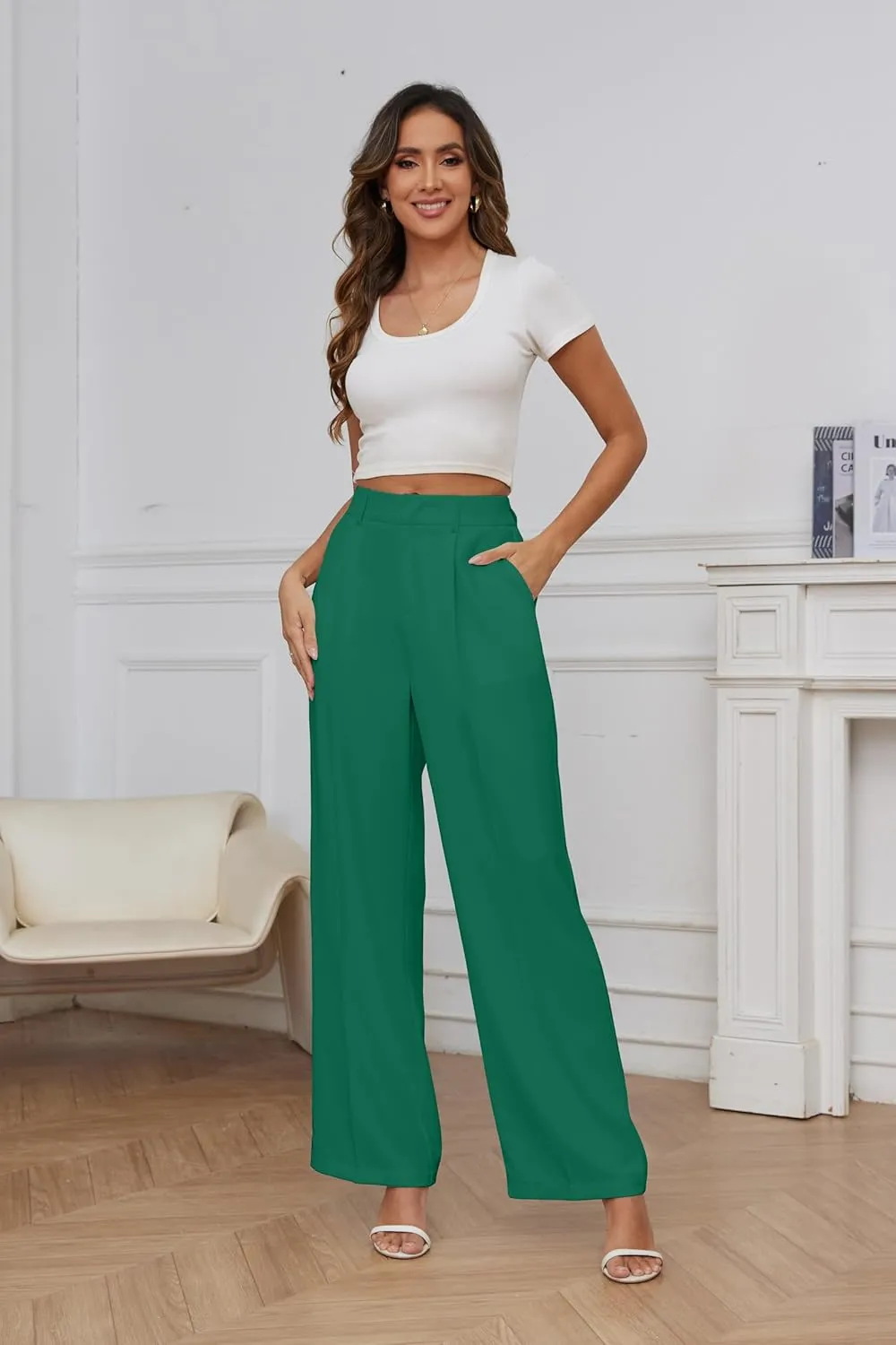 FUNYYZO Wide Leg Pants Women's High Elastic Waisted in The Back Business Work Trousers Long Straight Suit Pants