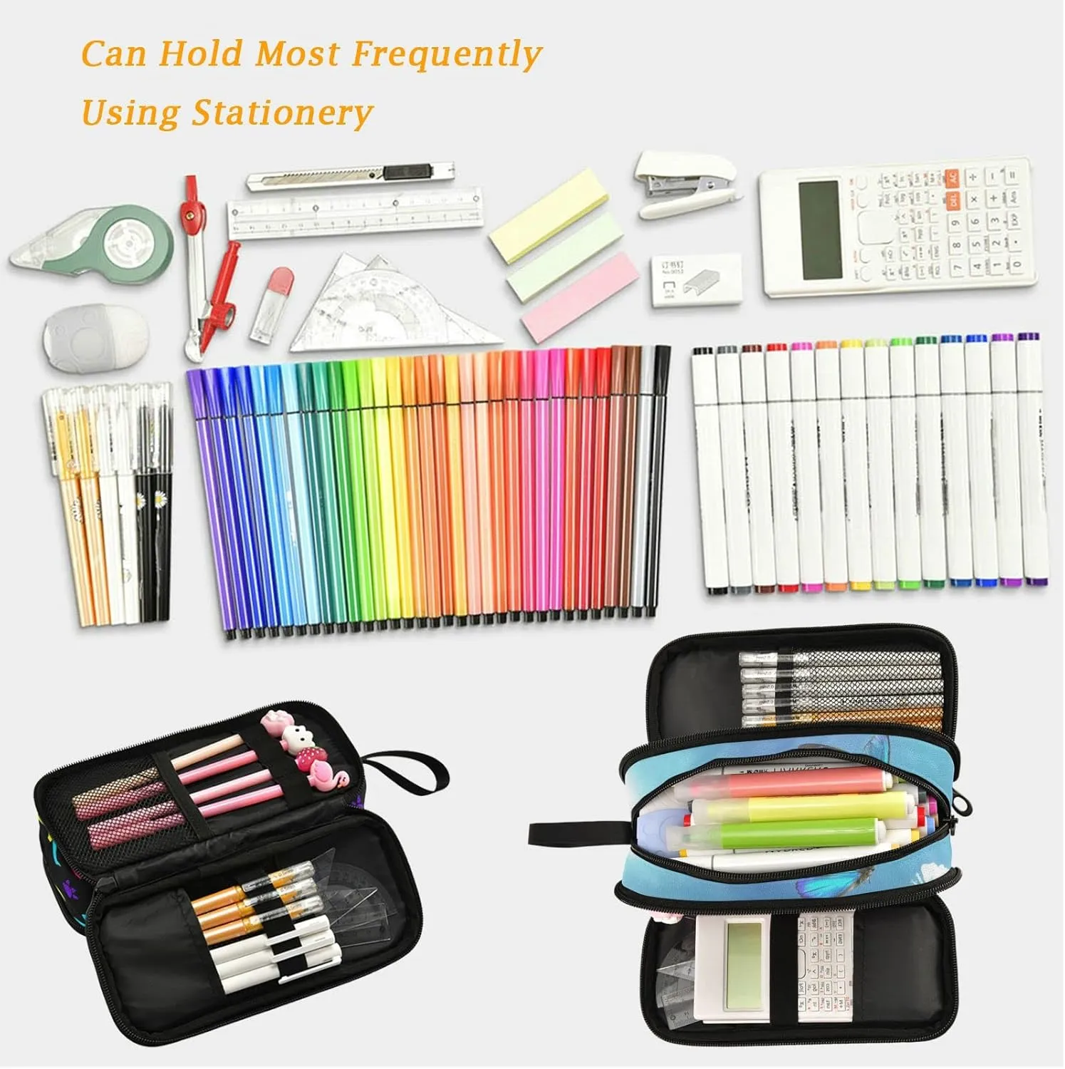 Fustylead Blue Butterfly Large Pencil Case, Minimalist Portable Stationery Bag Cosmetics Bag with Handle for Middle High College School Office Travel