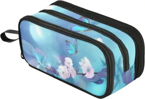 Fustylead Blue Butterfly Large Pencil Case, Minimalist Portable Stationery Bag Cosmetics Bag with Handle for Middle High College School Office Travel