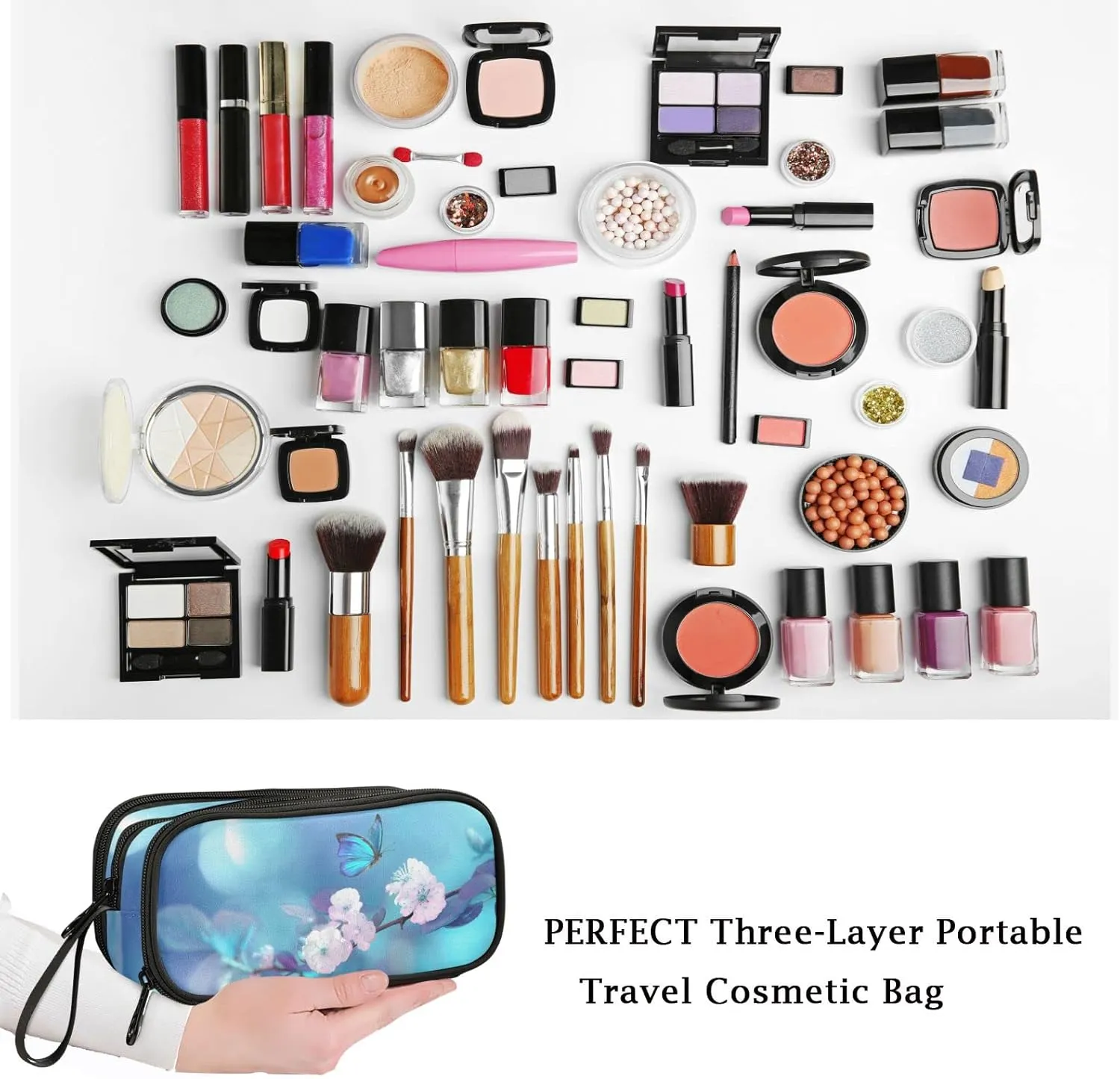 Fustylead Blue Butterfly Large Pencil Case, Minimalist Portable Stationery Bag Cosmetics Bag with Handle for Middle High College School Office Travel