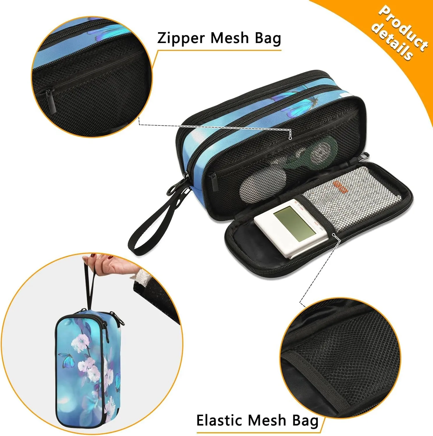 Fustylead Blue Butterfly Large Pencil Case, Minimalist Portable Stationery Bag Cosmetics Bag with Handle for Middle High College School Office Travel