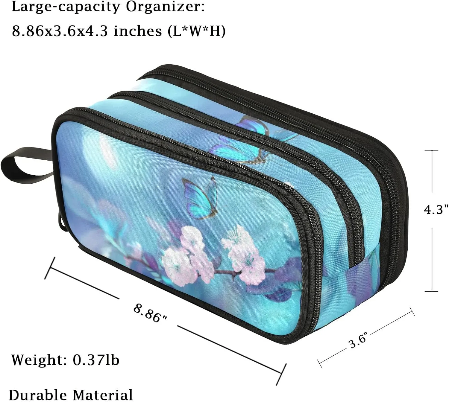 Fustylead Blue Butterfly Large Pencil Case, Minimalist Portable Stationery Bag Cosmetics Bag with Handle for Middle High College School Office Travel