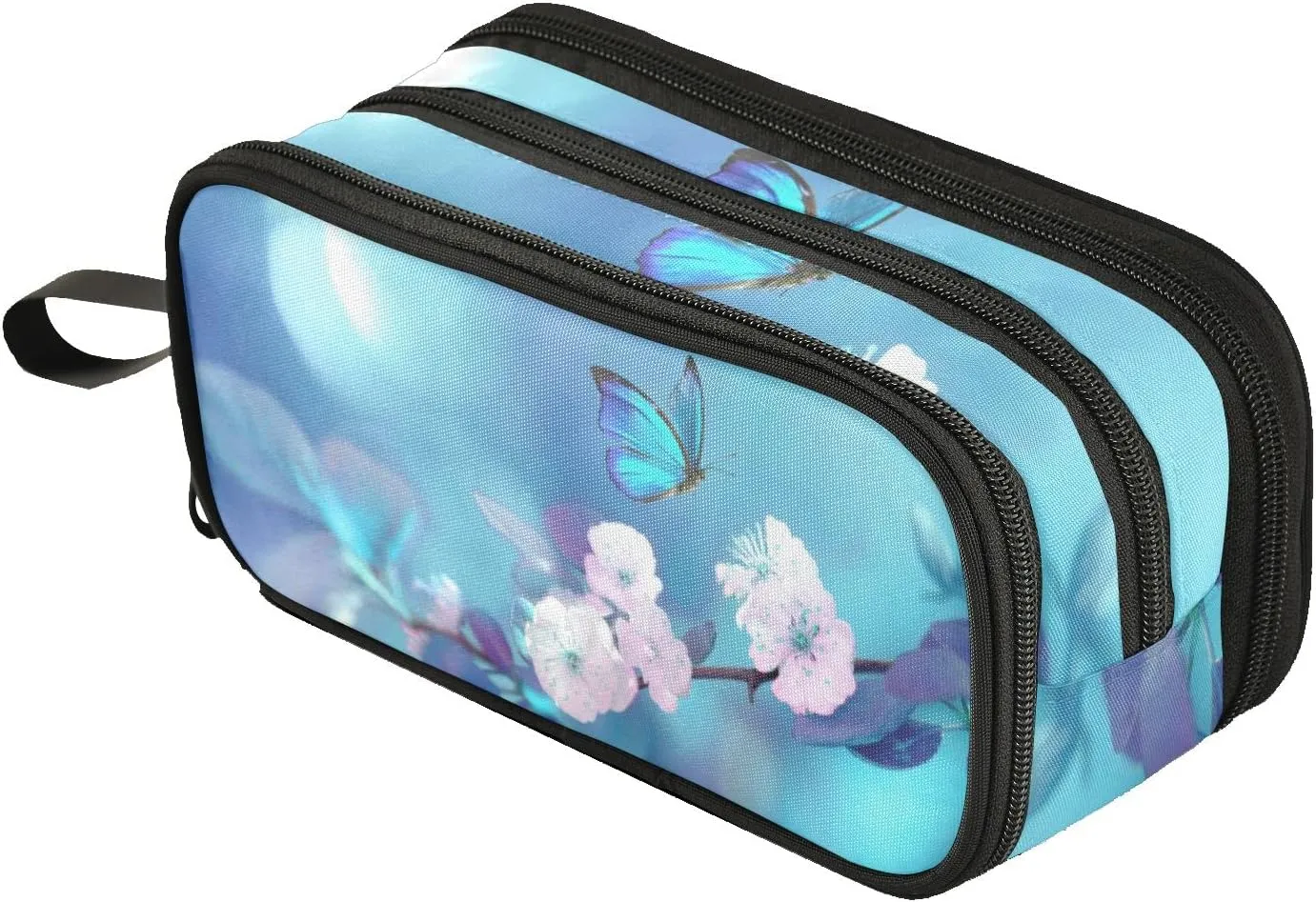 Fustylead Blue Butterfly Large Pencil Case, Minimalist Portable Stationery Bag Cosmetics Bag with Handle for Middle High College School Office Travel
