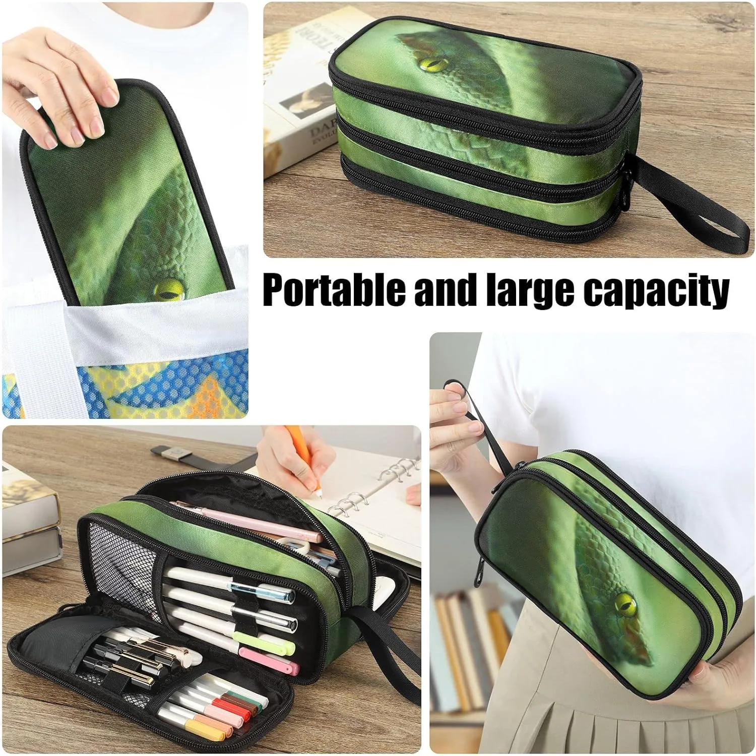 Fustylead Green Snake Large Pencil Case, Minimalist Portable Stationery Bag Cosmetics Bag with Handle for Middle High College School Office Travel