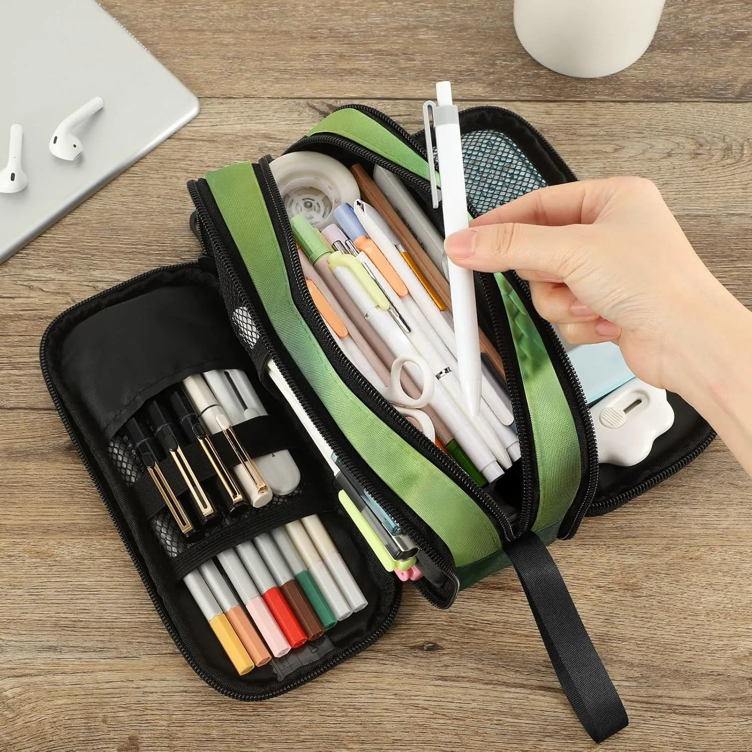 Fustylead Green Snake Large Pencil Case, Minimalist Portable Stationery Bag Cosmetics Bag with Handle for Middle High College School Office Travel
