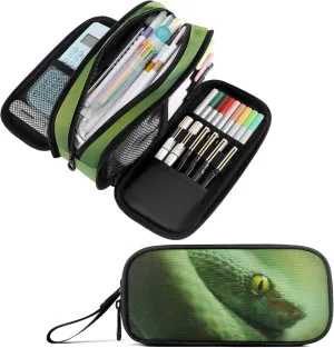 Fustylead Green Snake Large Pencil Case, Minimalist Portable Stationery Bag Cosmetics Bag with Handle for Middle High College School Office Travel