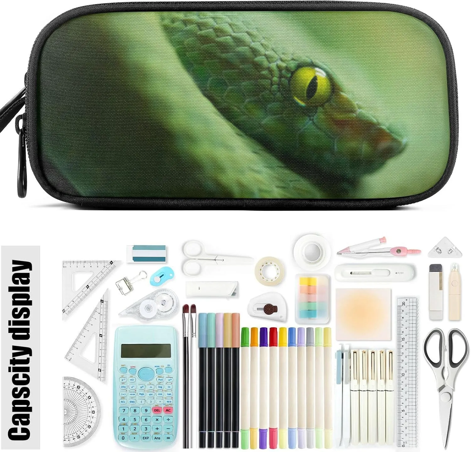 Fustylead Green Snake Large Pencil Case, Minimalist Portable Stationery Bag Cosmetics Bag with Handle for Middle High College School Office Travel