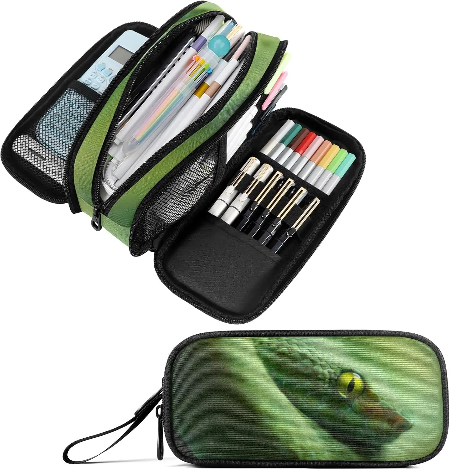 Fustylead Green Snake Large Pencil Case, Minimalist Portable Stationery Bag Cosmetics Bag with Handle for Middle High College School Office Travel