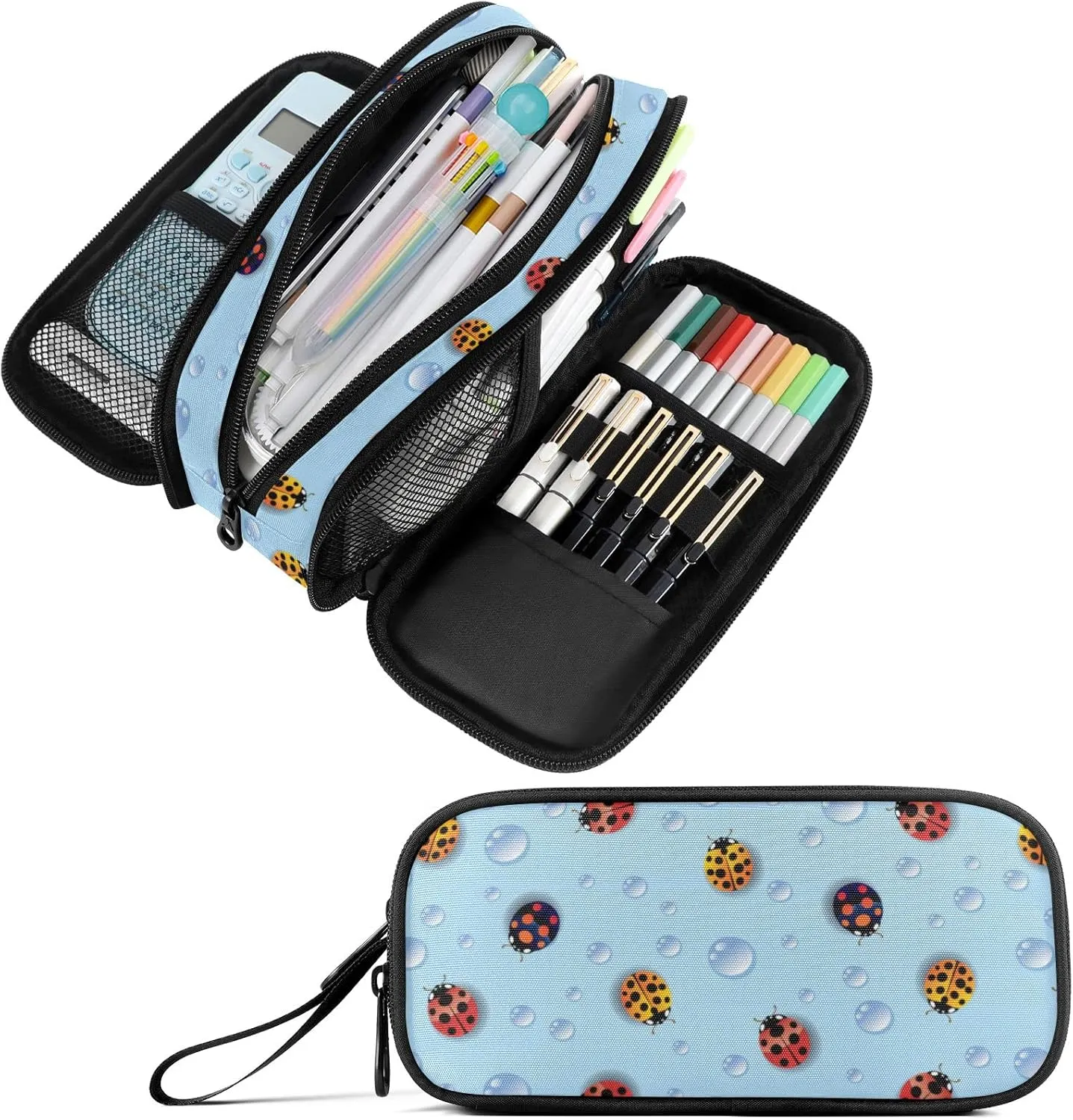 Fustylead Ladybugs Large Pencil Case, Minimalist Portable Stationery Bag Cosmetics Bag with Handle for Middle High College School Office Travel