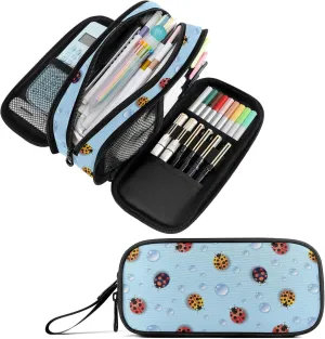 Fustylead Ladybugs Large Pencil Case, Minimalist Portable Stationery Bag Cosmetics Bag with Handle for Middle High College School Office Travel