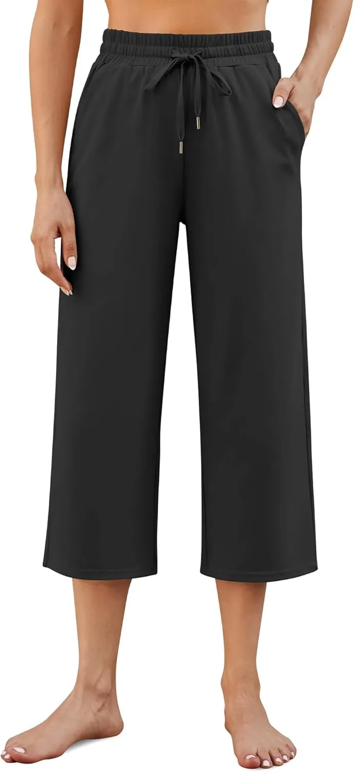 G4Free Wide Leg Pants for Women Yoga Capris with Pockets Drawstring Casual Cropped Pants for Summer
